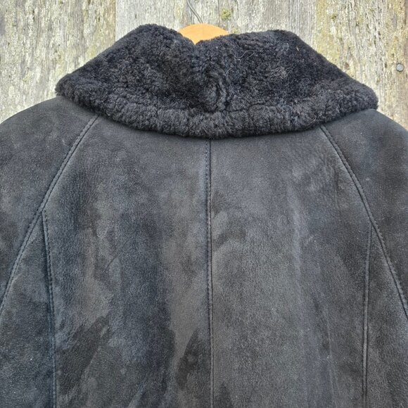 Vintage 80s Black Sheepskin Coat Womens Size M Mid Length Medusa Head Buttons - Picture 8 of 15